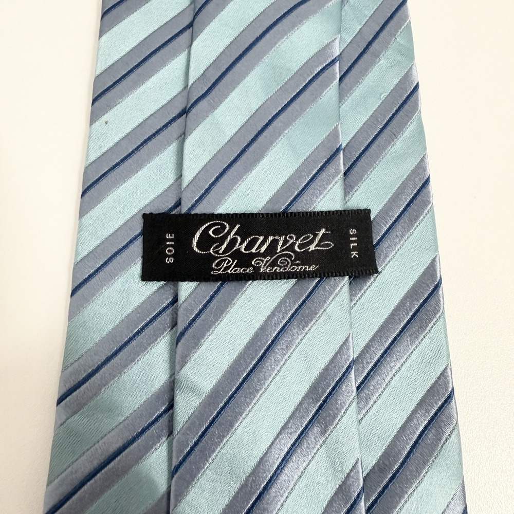 Charvet Place Vendome Men's Tie Aqua Blue Striped Satin Silk 3.75" (W) x 58" (L)
